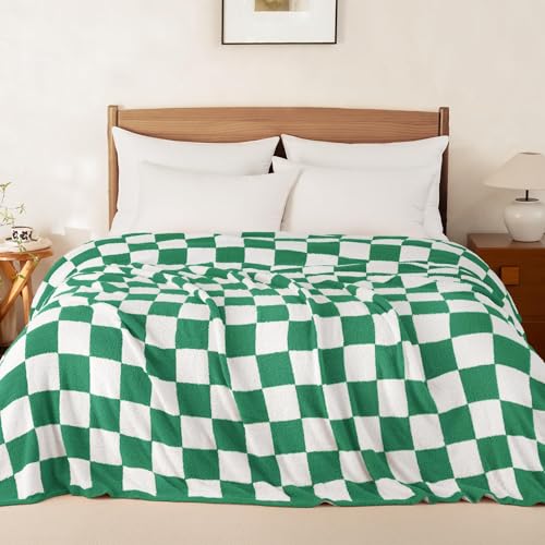 Whale Flotilla Checkered Knit Blanket Twin Size, Ultra Soft Warm Reversible Cozy Decorative Blankets for Couch Sofa and Bed, 60x80 Inch, Green - color: Green Checker, size: 60x80 Inch