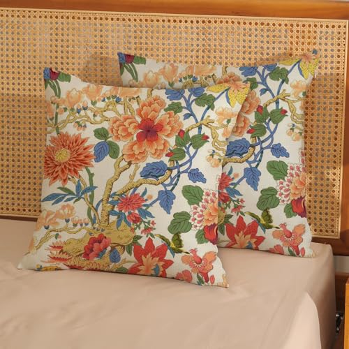 Chinoiserie Throw Pillow Covers 16x16 Inch 2 Pcs Orange Blue Floral Decor Pillow Covers Vintage Flower Spring Summer Outdoor Seasonal Decorative Pillowcase Linen Cushion Cover for Couch - color: Chinoiserie Orange Blue Floral, size: 16" x 16" (Pack of 2)