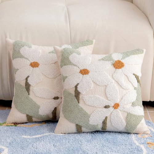Summer Daisy Throw Pillow Covers 20x20 Inch Set of 2, Chenille Embroidered Pillowcase with 3D Tufted White Flowers Sage Green Leaves, Boho Decorative Cushion Covers for Couch Sofa Bed - color: White, size: 20" x 20" (Pack of 2)