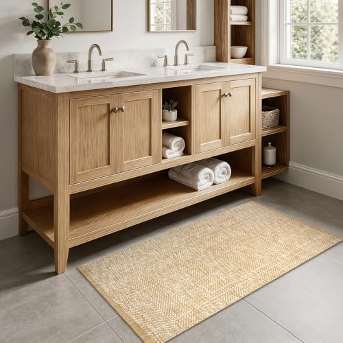 LEEVAN Washable Kitchen Runner Rug, 2' x 4.3' Boho Bathroom Rugs Cotton Tan Reversible Entryway Rug, Farmhouse Hallway Rug Modern Bedroom Carpet for Foyer Front Proch Deco - color: Tan/Cream, size: 2' x 4'3" (Rectangular)