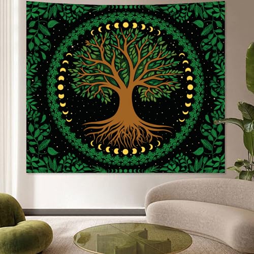 Apdidl Boho Mandala Green Tapestry for Bedroom, Nature Hippie Tree of Life Moon Phase Ceiling Tapestries Aesthetic, Bohemian Sun Stars Plant Decoration Wall Hanging Art Backdrop for Living Room (51"X60") - color: Green Tree Tapestry, size: 60"L x 51"W