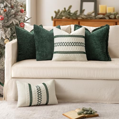 MIULEE Set of 2 Dark Green Boho Christmas Decorative Lumbar Pillow Covers 12x20 Inch Farmhouse Rustic Couch Throw Pillows Modern Cotton Cushion Cover Retro Macrame Woven Home Decor for Bed Sofa Chair - color: Dark Green, size: 20" x 12" (Pack of 2)