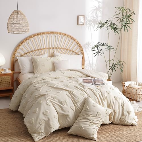 Boho Tufted Comforter Set Queen Size Beige Heart Textured Bedding Set 3 Pieces Farmhouse Shabby Chic Embroidery Bed Set Soft Jacquard Comforter for All Season with 2 Pillowcases - color: Beige Heart, size: Queen (90"x90")