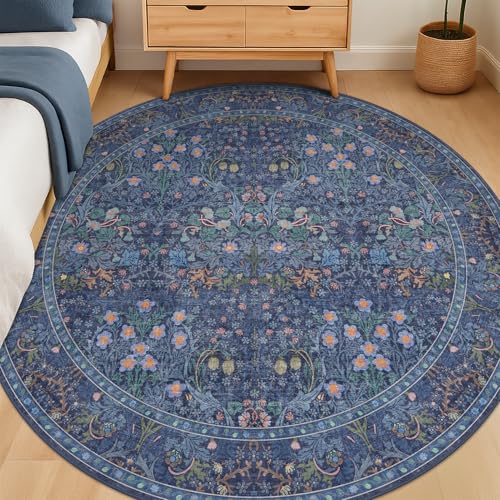 Hazo Haus Dark Blue 5ft Circle Area Rug for Living Room, Vintage Botanical Floral Design Washable Round Rugs for Bedroom, Dining Room Under Table, Plant Pattern Dark Home Décor - color: Dark Blue, size: 5' (Round)