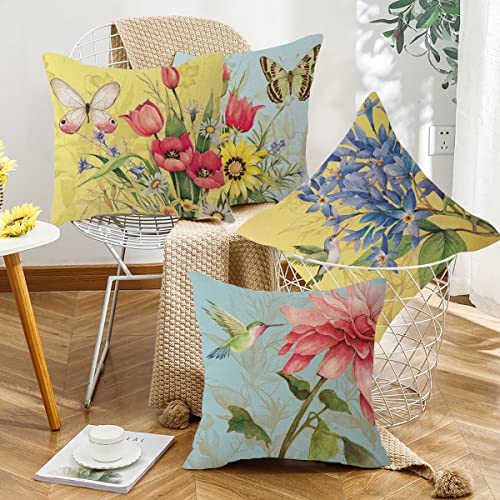 wyooxoo Spring Summer Pillow Covers 20x20 Set of 4 Decorative Throw Pillow Covers Linen Flower Butterfly Farmhouse Pillowcases for Sofa Couch Living Room Outdoor - color: Color B, size: 20" x 20" (Pack of 4)