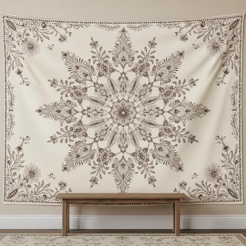 Accnicc Boho Floral Mandala Tapestry Wall Hanging Bohemian Beige Flower Tapestry Aesthetic Hippie Indian Small Tapestries for Bedroom Living Room Dorm Decor 60 x 44 Inch - color: Beige White, size: 60"L x 44"W