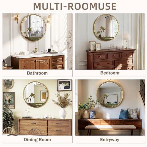 Round Gold Wall Mirror 32" – Decorative Metal Frame Wall Mirror with Tropical Coconut Tree, Beaded Coastal Accent Mirror for Living Room, Bedroom, Bathroom, Beach House - color: Coconut - 32"l X 32"w