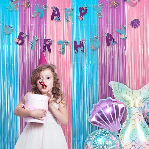 Blue Purple Pink Tinsel Backdrop - GREATRIL Pastel Foil Fringe Curtain Streamers for Pony Theme Birthday Mermaid Shower Unicorn Girls Party Decorations 2 Packs - color: Blue Purple Pink