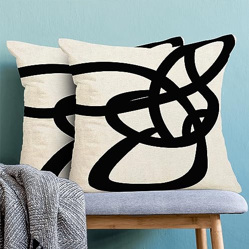 Black And White Pillow Covers 16x16 Set Of 2 Geometric Abstract Modern Art Line Throw Pillow Covers Modern Minimalist Style Decorative Square Linen Cushion Case Boho Decoration For Couch Sofa Outdoor - color: Abstract Art Line, size: 16" x 16" (Pack of 2)
