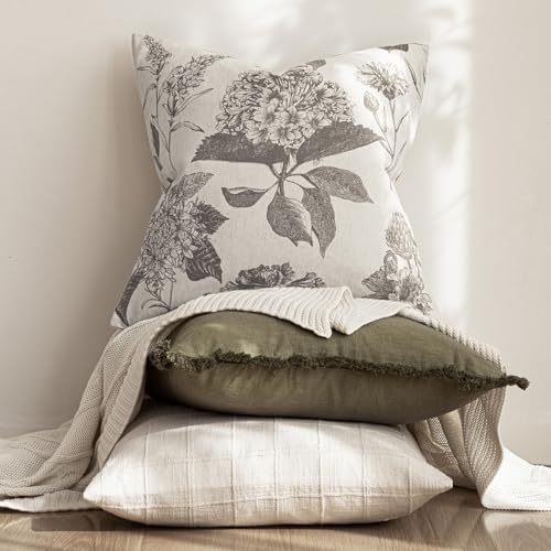 Foindtower Set of 2 Linen Floral Vintage Throw Pillow Covers Neutral Accent Decorative Cushion Covers Farmhouse Boho Home Decor for Sofa Chair Couch Bedroom Living Room,18×18 Inch,Light Gray - color: Light Gray, size: 18" x 18" (Pack of 2)