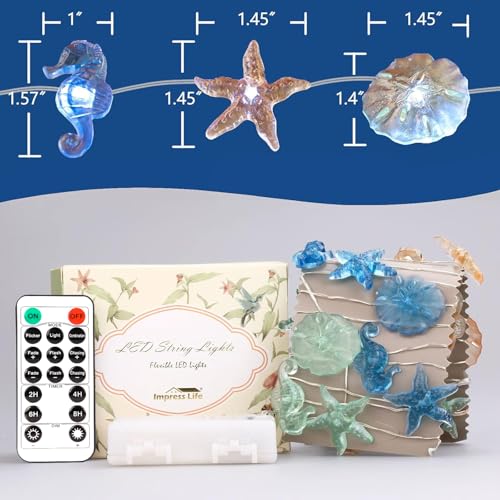 Impress Life Ocean Decor String Lights, Beach Decor Starfish Seahorse Sand Dollars Nautical Decorative Lights Battery & USB Plug In with Remote 10 ft 30 LEDs for Covered Outdoor Bedroom Birthday Party