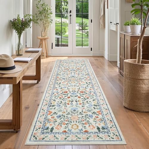 GarveeHome Washable Runner Rug 2 x 6 Non-Slip Non-Shedding Soft Vintage Bedside Rug, Low Pile Farmhouse Floral Carpet, Indoor Foldable Printed Entryway Rug for Hallway Kitchen, Green - color: Green, size: 2' x 6' (Rectangular)