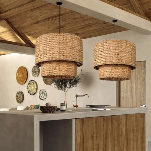 Arturesthome 1 Light Rustic Woven Pendant Light, Coastal Rattan Lampshade Hanging Lighting Fixture,Adjustable Vintage Farmhouse Chandelier Lamp Shade for Kitchen Island Dining Table Room - size: 19.68in * 15.7in