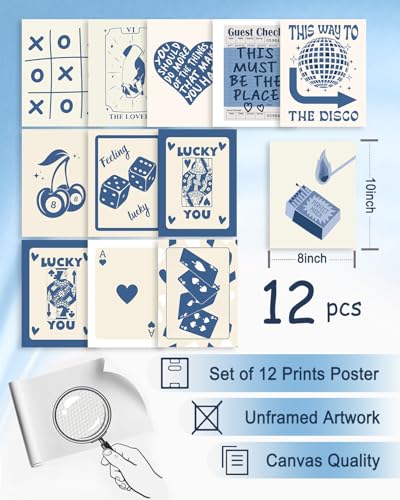 KBKBART 12pcs Blue Lucky Poster - Playing Card Wall Art, Poker Room Decor, Blue Trendy Wall Art, Funky Posters Aesthetic Pictures, Retro Ace Prints Queen of Hearts Decor for Bedroom (UNFRAMED) - color: Blue Lucky