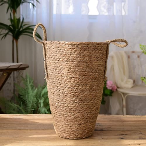 Toyvian Large Woven Plant Basket Boho Straw Flower Pot Indoor Outdoor Decorative Planter for Living Room with Handwoven Rattan Design