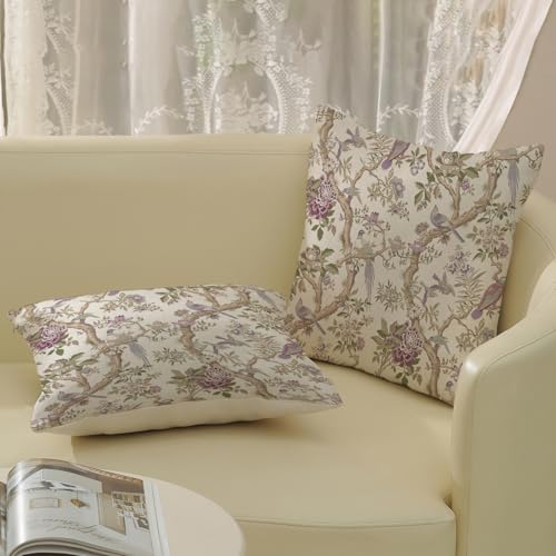 Chinoiserie Throw Pillow Covers 18x18 Inch 2 Pcs Vintage Purple Green Floral Bird Decor Pillow Covers Flower Outdoor Seasonal Farmhouse Decorative Pillowcase Linen Cushion Cover for Couch Sofa - color: Chinoiserie Purple Green Floral Bird, size: 18" x 18"