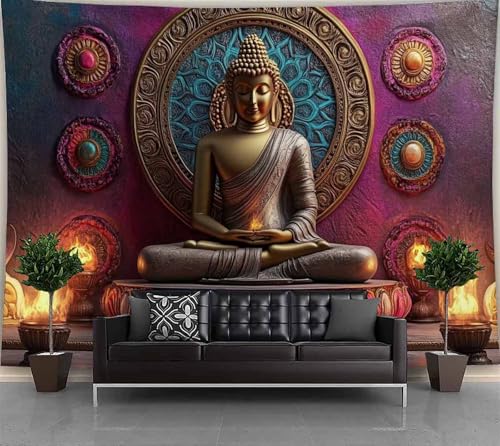 FENDROM Vintage Meditation Tapestry Gloden Buddha Zen Happiness Wall Hanging Large Tapestries Psychedelic Buddhist Poster Decorations Bedroom Living Room Dorm - color: Red, size: 59"L x 51"W
