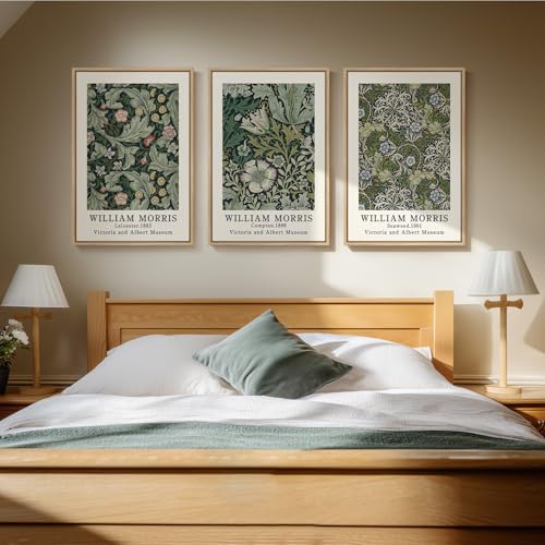 Framed William Morris Canvas Wall Art Green Decor Set of 3, Vintage Large Floral Artwork Prints, Boho Farmhouse Botanical Picture Prints for Living Room, Bedroom, Hallway, Office, Total Size 30x60 - color: Green, size: 20"W x 30" H x 3Pcs