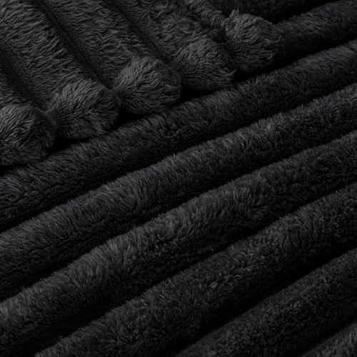 Exclusivo Mezcla California King Size Flannel Fleece Blanket, Super Soft Striped Jacquard Bed Oversized Blanket, Lightweight Fuzzy Cozy for All Seasons, 120x120 Inches, Black - color: Black, size: Cal King ( 120x120 IN )