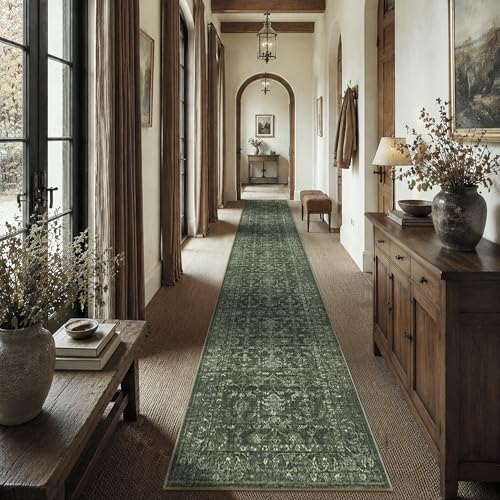 2x14 Green Runner Rug Hallway Washable Area Rugs Kitchen Vintage Boho Non Slip Long Rug Floral Carpet Indoor Retro Soft Low Pile Throw Rug for Bedroom Bathroom Laundry Dining Living Room Office - color: Dark Green, size: 2' x 14' (Runner)