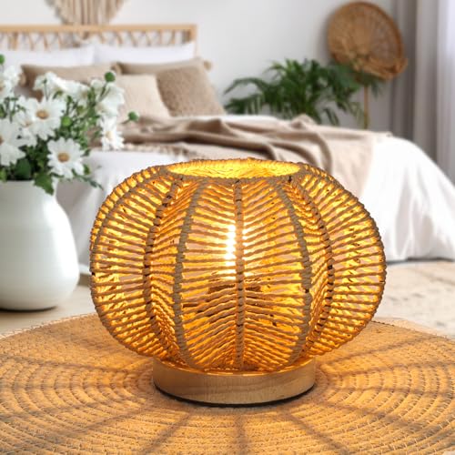 Rattan Table Lamp, Mini Boho Lamp, Vintage Wicker Nightstand Small Lamps with Wood Base, Bohemia Woven Lamps for Bedroom Living Room Desk Kids Room, 2700K G45 LED Bulb Included