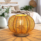Rattan Table Lamp, Mini Boho Lamp, Vintage Wicker Nightstand Small Lamps with Wood Base, Bohemia Woven Lamps for Bedroom Living Room Desk Kids Room, 2700K G45 LED Bulb Included