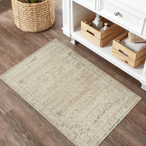 BILEEHOME Boho Kitchen Rug Washable,2x3 Non Slip Farmhouse Neutral Small Area Rug for Bathroom Bedroom Indoor Entrway Ultra Thin Fit Under Door,Tan Brown and Cream Beige - color: Cream&light Tan, size: 2' x 3' (Rectangular)