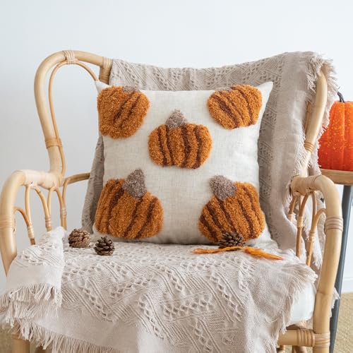 Fall Tufted Pumpkin Pillow Cover, Fluffy Autumn Harvest Throw Pillow Sham, Orange Burlap Decorative Pillowcase for Farmhouse Halloween Thanksgiving Home Decor, Square 18 inches, 1PCS