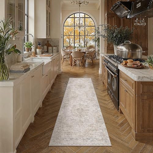 HUGEAR Hallway Runner Rugs 2x6 Washable Rug Beige Vintage Rug Carpet Low Pile Non Slip No Shedding Soft Durable Indoor Bedroom Kitchen Home Decor Floor Mat - color: Beige, size: 2' x 6' (Runner)
