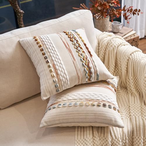 Aeckself Boho Throw Pillow Covers 18x18 Inch Set of 2, Farmhouse Decorative Striped Square Pillow Covers Chenille Tufted Pillow Cases Accent Neutral Pillowcase for Living Room Couch Bed, Orange White - color: Orange White