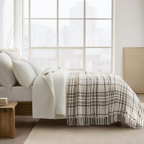 EverGrace Plaid Chenille Bed Blanket Queen Size for Bed, Super Soft Cozy Decorative Farmhouse Plaid Throw with Tassels, Lightweight Chenille Knit Throw for Couch Sofa Gift Home Decor, Beige 90"x90" - color: Plaid Beige & White, size: 90"x90"