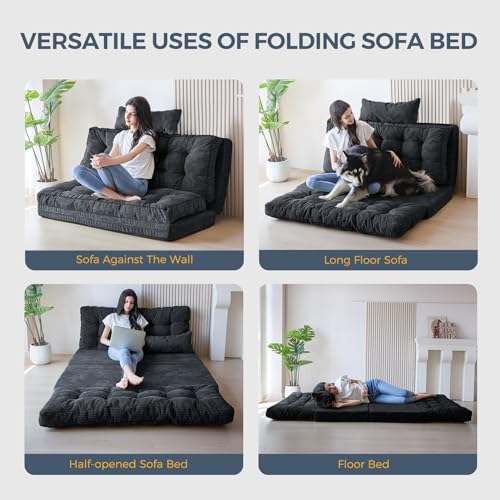 MAXYOYO Folding Sofa Bed, Tufted Bean Bag Bed with Pillows Floor Couch for Adults, Extra Thick and Long Floor Sofa, Twin Couch for Bedroom Living Room, Black, 39x91 Inch - color: Black, size: Tufted Twin