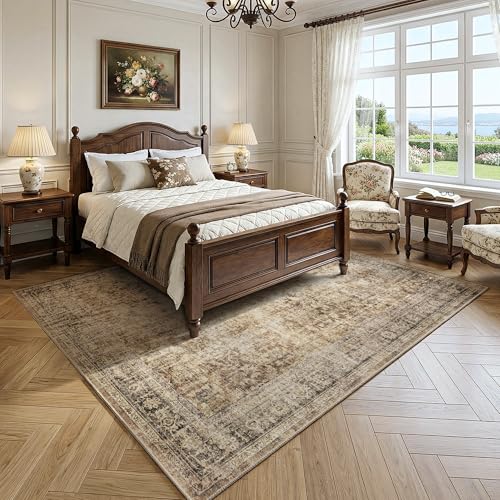 FMFUNCTEX 8x10 Washable Area Rug Brown Neutral Vintage Distressed Oriental Large Non Slip Carpet for Living Room Bedroom Traditional Retro Soft Low Pile Indoor Rugs for Dining Room Office Nursery - color: Brown, size: 8' x 10' (Rectangular)