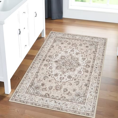 Washable 2x3 Entryway Area Rug: Vintage Non-Slip Backing Rugs for Kitchen Bathroom Water Resistant Carpet for Bedroom Soft Low Pile Front Door Mat for Dining Room 2x3 Cream/Beige - color: Cream Beige, size: 2' x 3' (Rectangular)