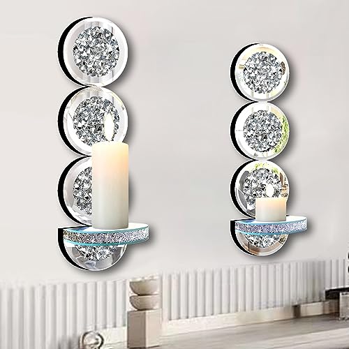 ZOLAPI Set of 2 Crystal Crush Diamond Candle Sconces, Gorgeous Silver Mirrored Wall Sconce, Round Candle Holder Glass Wall Decorations for Home Décor, Living Room, Dining Room. - color: Silver Mirror 0