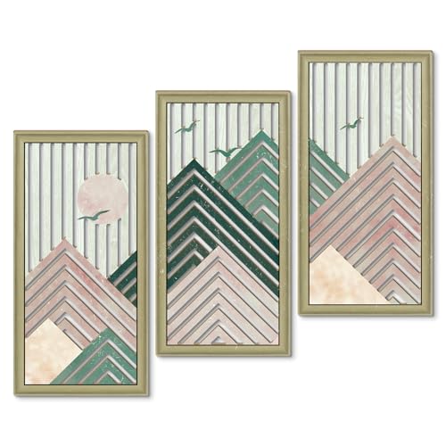 Putuo Decor Boho Mountain Wall Decor Set of 3, Rustic Farmhouse Wooden Wall Art, Nature-Inspired Geometric Artwork, Mid-Century Modern Aesthetic for Living Room Bedroom Entryway, Pink - color: Pink
