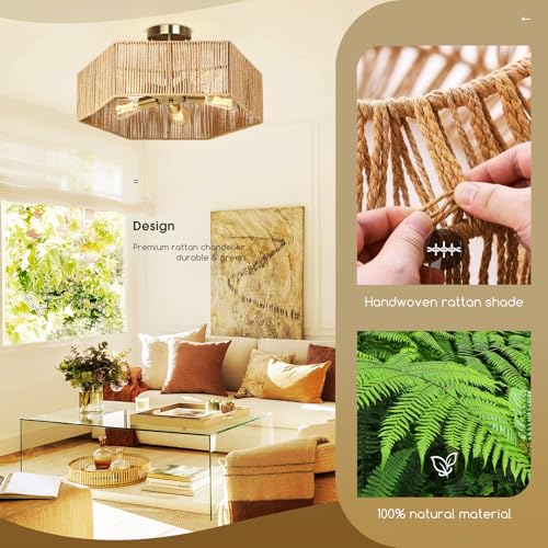 21.2" Rattan Ceiling Light 5-Light Boho Light Fixture Bohemian Ceiling Light Fixture for Bedroom Living Room Dining Room, Bulb NOT Included