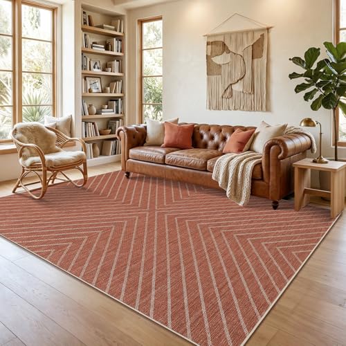 Garvee Washable 5x7 Rug, Easy Jute Terracotta Rugs for Living Room, Indoor Striped Rug for Bedroom, Outdoor Farmhouse Non-Slip Dining Room Mat Modern Carpet Area Rug for Patio Home Office 5'x7' - color: Striped|terracotta, size: 5' x 7' (Rectangular)