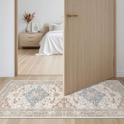 2x4 Rug Washable Runner Rug: Small Vintage Neutral Non-Slip Soft Accent Doormat Stain Resistant Floor Throw Mat for Entryway Kitchen Bedroom Nursery Entry Dorm- Beige Blue - color: Beige Blue, size: 2' x 4' (Runner)