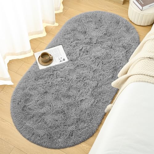 Goideal Fluffy Bedroom Rug, Small Oval Area Rugs, Gray Shag Bedside Carpet for Kids Room Nursery Dorm Cute Fuzzy Indoor Decor for Boy and Girl, 2.6 x 5.3 Feet - color: Grey