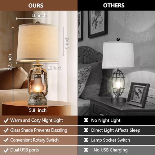Farmhouse Rustic Table Lamps Set of 2, Iron Gray | Vintage Lantern Design, Dual USB Ports, For Living Room Bedroom Bedside, 4 Bulbs Included - color: Iron Gray - 22'' Lantern Lamps