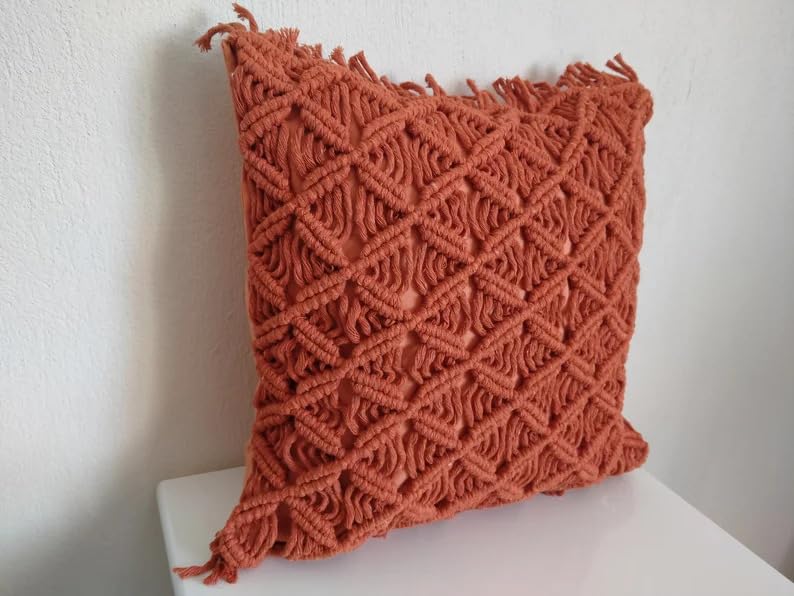 Rust Terracotta Macrame Throw Pillow Cover, Boho Textured Knitted Fringe Decorative Cushion Case, Diamond Lattice Woven Square Pillowcase for Sofa Couch Bedroom Farmhouse Home Decor, 18x18 Inch (Pillo