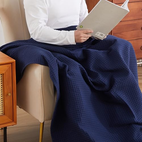 100% Egyptian Cotton Waffle Weave Throw Blanket for Bed Couch Sofa Home Decor, Soft Lightweight Bed & Couch Blanket for All Seasons (Navy Blue - Twin Size - 66 * 90") - color: Navy Blue, size: Twin - 66*90''