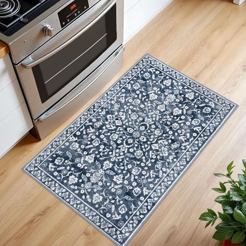 Vintage Entryway Rug Indoor, Navy Washable Rug 2x3, Small Area Rug with Non-Slip Backing, Floral Print Thin Faux Wool Super Soft Door Mat for Kitchen, Entrance, Bedroom, Office - color: Navy and White, size: 2' x 3' (Rectangular)