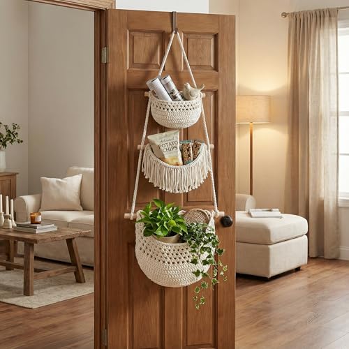 3 Tier Hanging Fruit Basket, Jute Wall Baskets, Hanging Produce Baskets for Storage Fruits and Vegetables, Hang Basket Wall for Kitchen, Bedroom, Bathroom (White) - color: White, size: 3 Tier / Standard