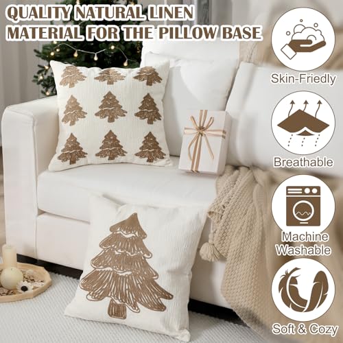 SmoothNovelty Tufted Cream Christmas Tree Pillow Covers Set of 2, 18x18 Inch Neutral Winter Throw Cushion Cases for Cozy Farmhouse Holiday Home Decor