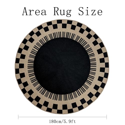 Easy Jute Checkered Rug, 6Ft Round Modern Indoor Outdoor Farmhouse Carpet, Washable Non-Slip Thin Neutral Floor Mat for Living Room Patio Kids Pets Room Playroom Home Office Kitchen, Black - color: Black Checker, size: 6'