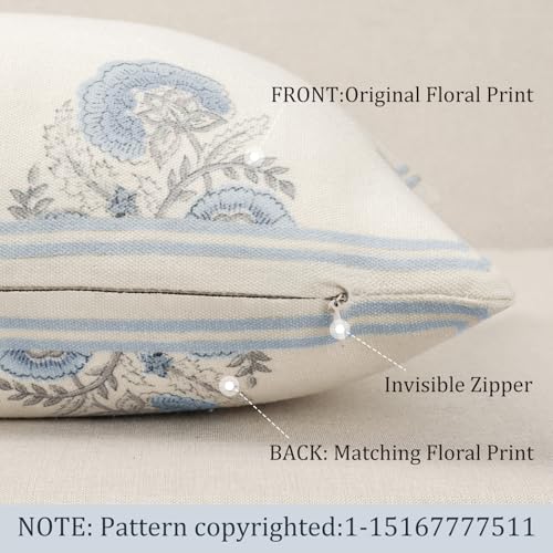 Vintage Floral 12x24 Lumbar Pillow Cover for Bed Pack of 1, Double-Sided Botanical Print Decorative Long Pillowcase Farmhouse Neutral Cushion Cover for Sofa Couch Living Room, Light Blue (Cover Only) - color: Light Blue, size: 24" x 12" (Pack of 1)