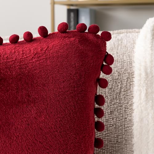PAVILIA Burgundy Red Throw Pillow Covers with Pom Pom 18x18 Set of 2, Decorative Pillow Cases for Bedroom Aesthetic, Small Throw Pillows Set for Bed, Velvet Euro Plush Cushion Covers for Sofa Couch - color: Wine Red, size: 18" x 18" (Pack of 2)