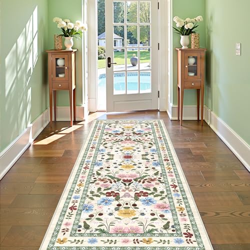 Deerly Floral Runner Rug 2x6 for Hallway Vintage Boho Washable Bathroom Kitchen Bedroom Runner Rugs Non-Slip Soft Low Pile Thin Indoor Carpet for Laundry Room Farmhouse, Beige/Green/Multi - color: Beige/Green/Multi, size: 2' x 6' (Runner)